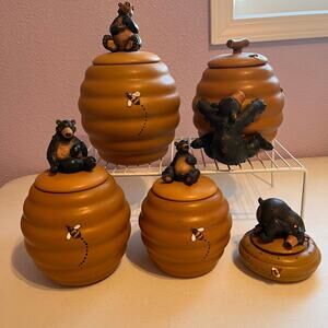 VTG Honour black bear honey bee hive ceramic 4 piece canister set + egg timer